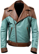 Men's Mint green and Brown Real Sheepskin Biker Leather Jacket